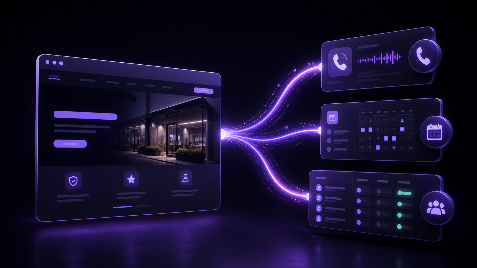 Concept illustration of a website connected to calls, booking, and an organized lead pipeline