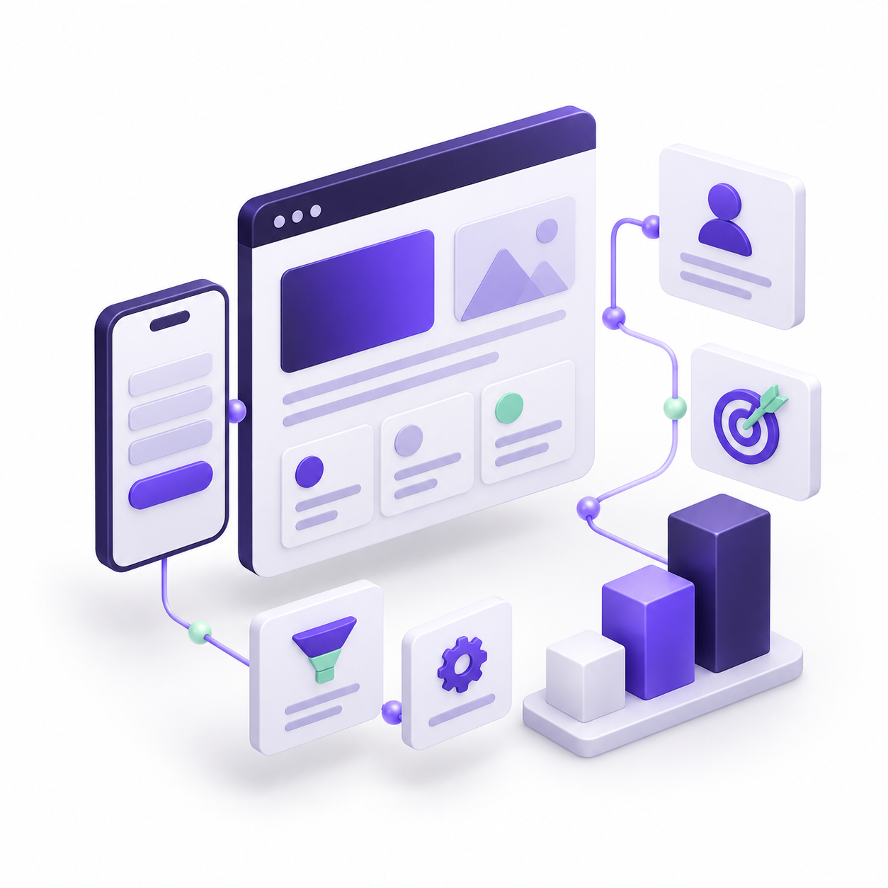 Purple isometric illustration connecting a website, mobile inquiry form, and marketing tools